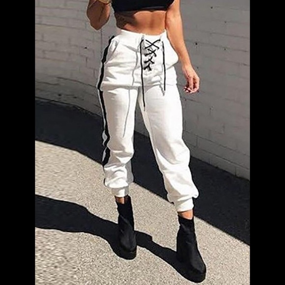 Black Shoe Laced Up Patchwork Reflective White Joggers - Picture 2 of 6
